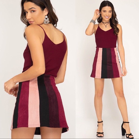 Striped Faux Suede Mini Skirt Color Block - Picture 4 of 9